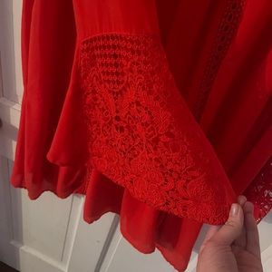 Red chiffon lace large sleeve boho dress